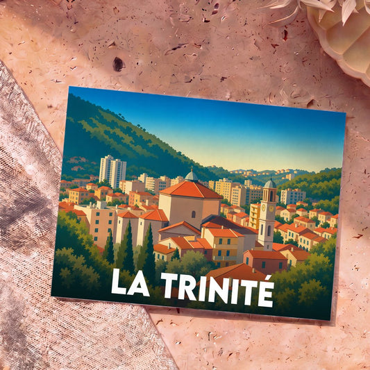Carte postale souvenir de la ville de La Trinité avec une illustration stylisée et colorée du paysage urbain.