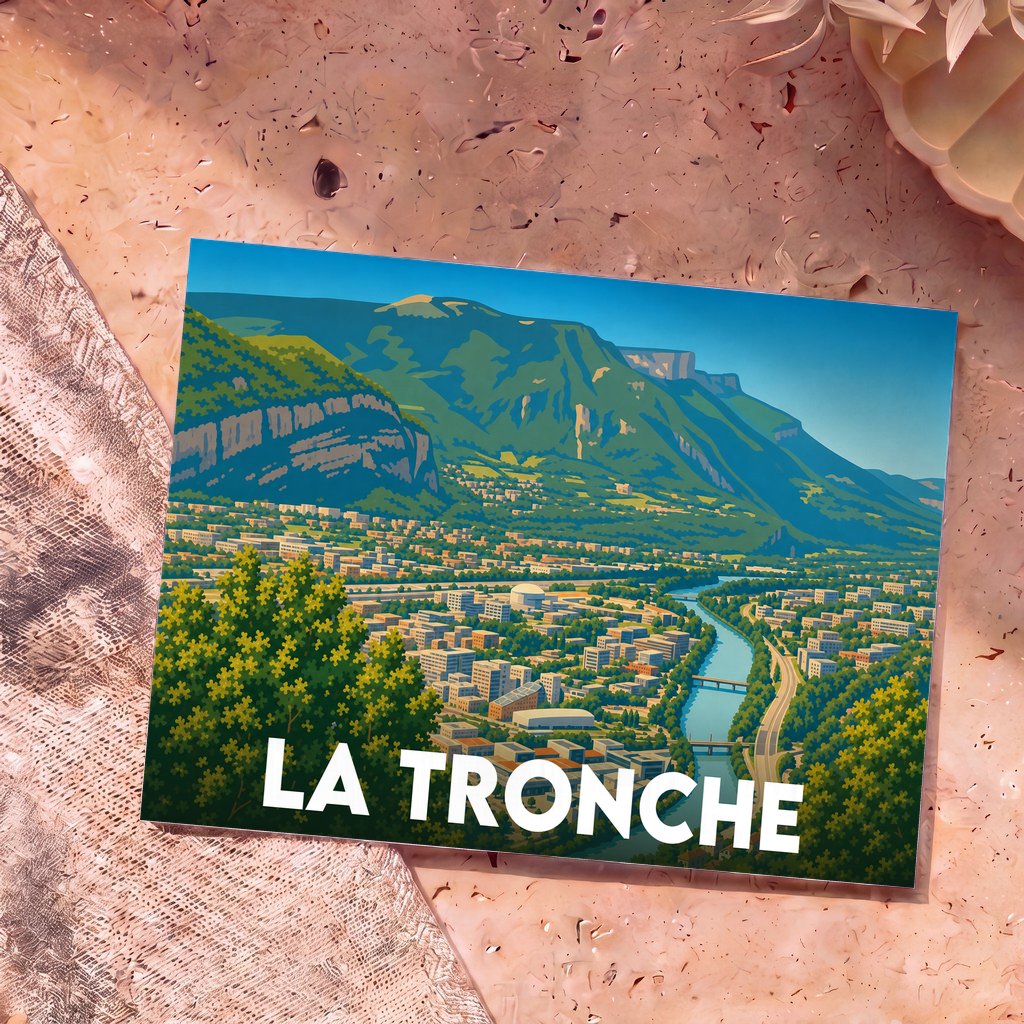 Carte postale souvenir de la ville de La Tronche avec une illustration stylisée de ses paysages montagneux et de la vallée de l'Isère.