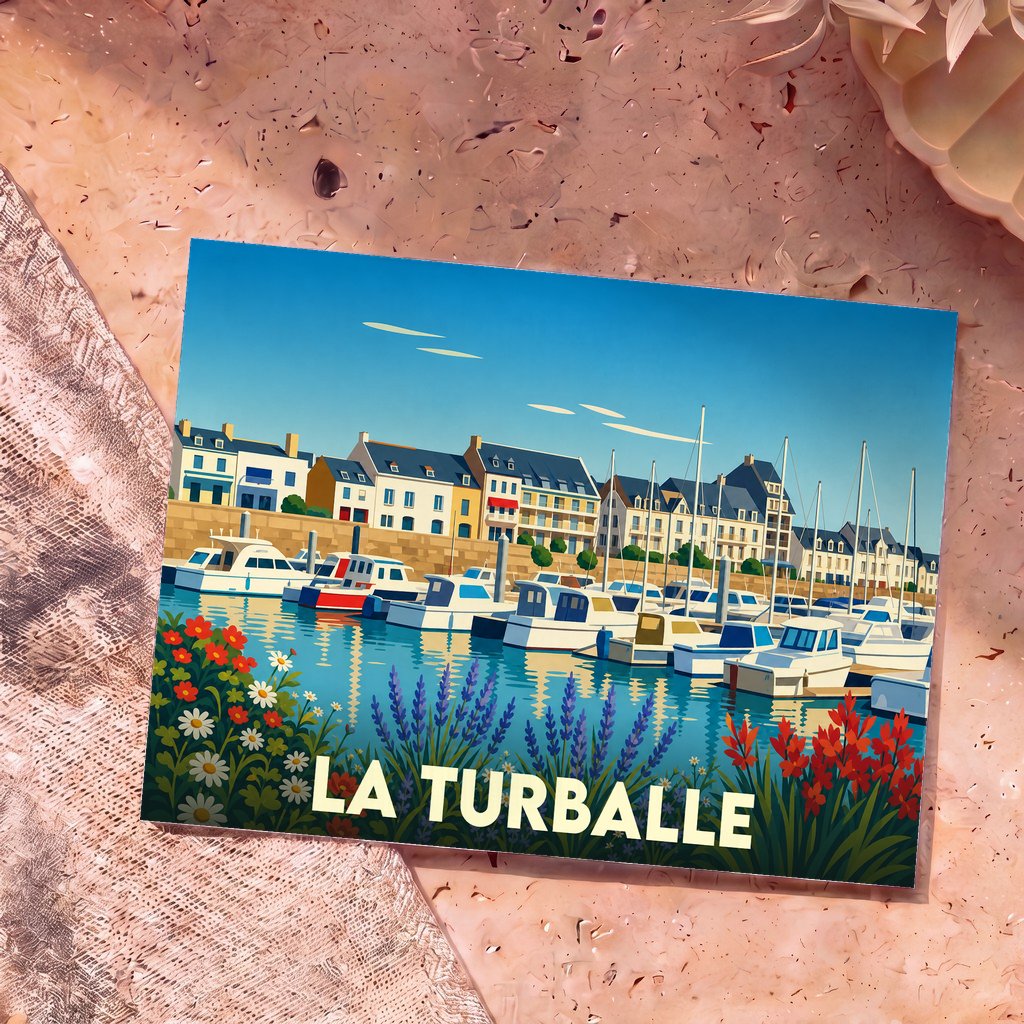 Carte postale souvenir de la ville de La Turballe avec une illustration stylisée de son port de plaisance fleuri.
