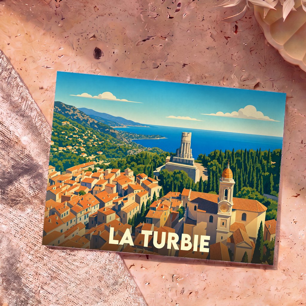 Carte postale souvenir de la ville de La Turbie avec une illustration stylisée.
