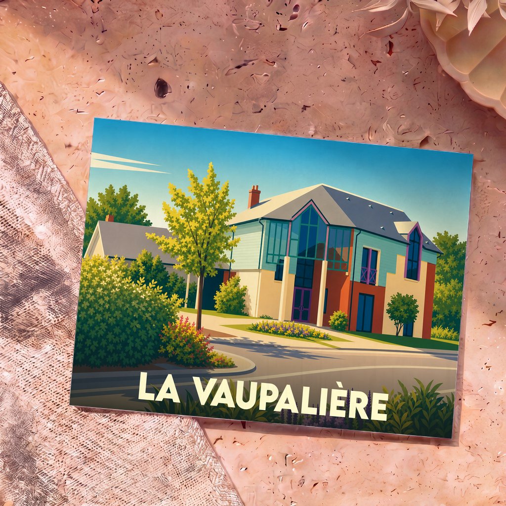 Carte postale souvenir de la ville de La Vaupalière avec une illustration stylisée d'une maison moderne et colorée.
