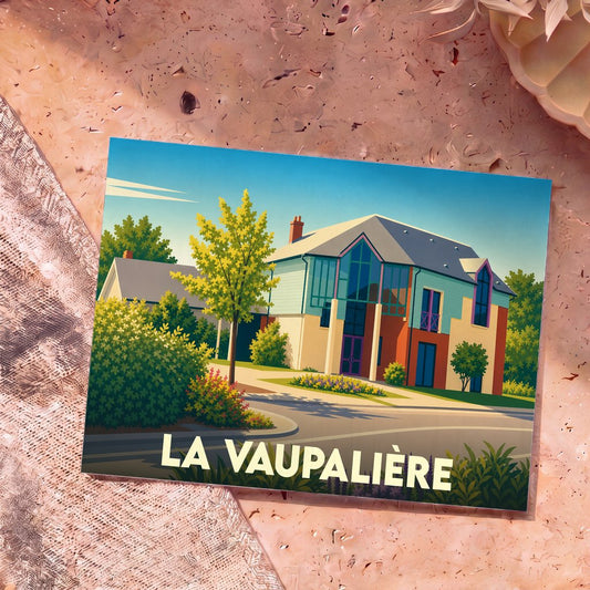 Carte postale souvenir de la ville de La Vaupalière avec une illustration stylisée d'une maison moderne et colorée.