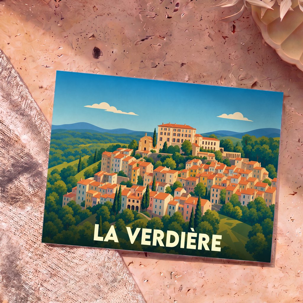 Carte postale souvenir de la ville de La Verdière avec une illustration stylisée.