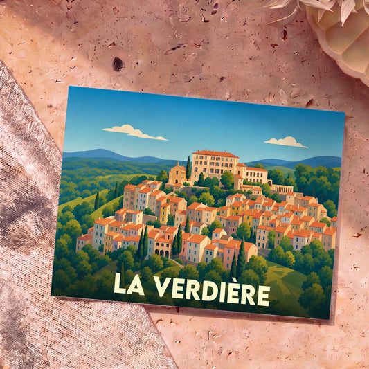 Carte postale souvenir de la ville de La Verdière avec une illustration stylisée.