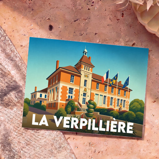 Carte postale souvenir de la ville de La Verpillière avec une illustration stylisée de son hôtel de ville.