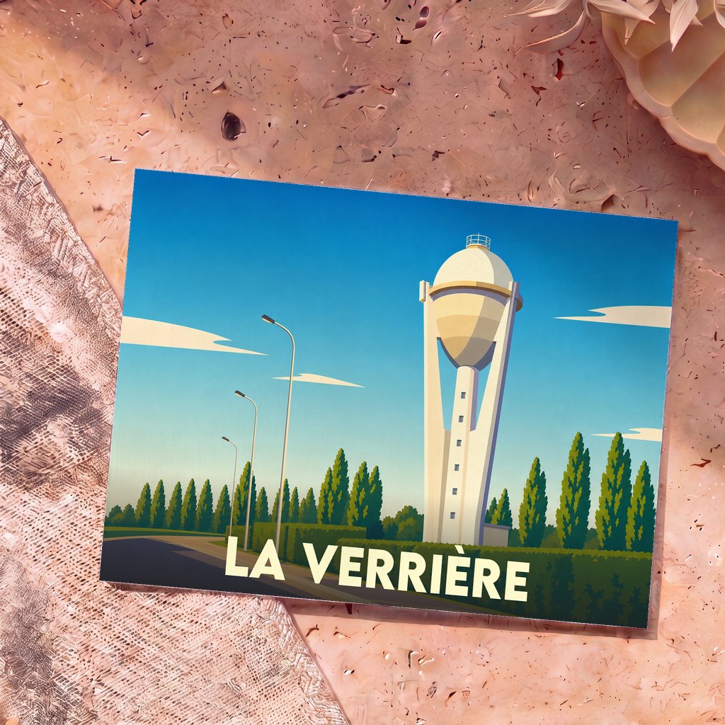 Carte postale souvenir de la ville de La Verrière avec une illustration stylisée de son château d'eau.