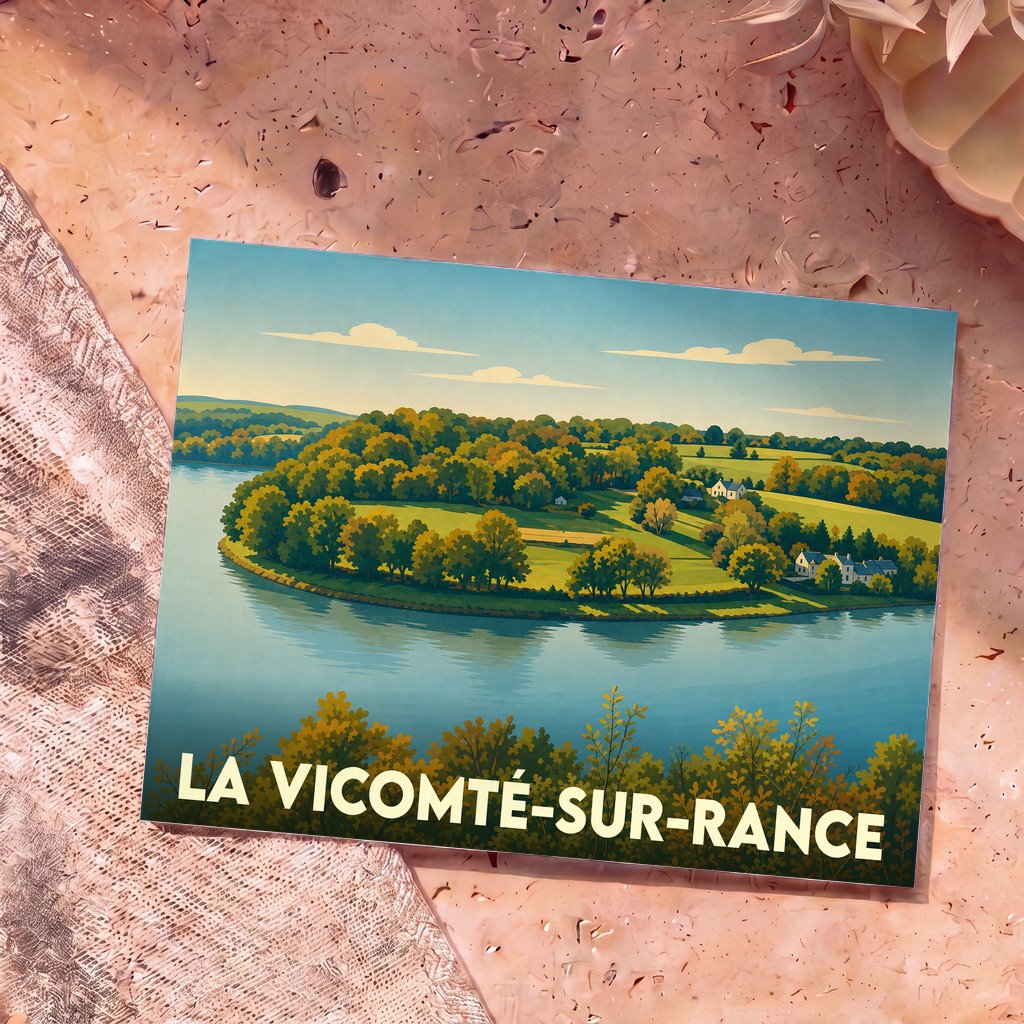 Carte postale souvenir de la ville de La Vicomté-sur-Rance avec une illustration stylisée des bords de la Rance.