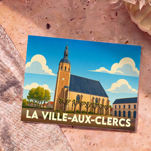 Carte postale souvenir de la ville de La Ville-aux-Clercs avec une illustration stylisée de son église sous un ciel bleu.