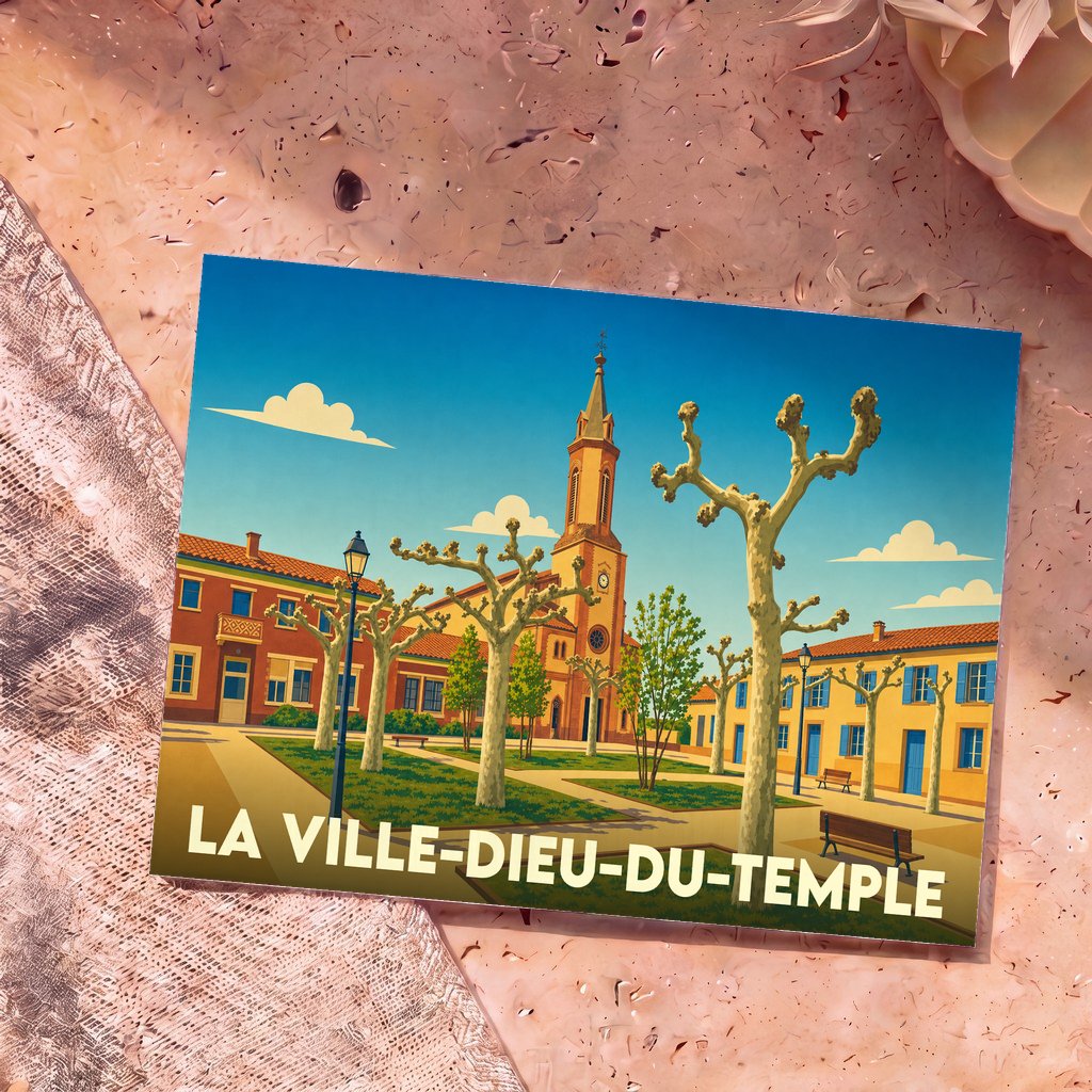 Carte postale souvenir de La Ville-Dieu-du-Temple avec une illustration stylisée de sa place principale et de son église.