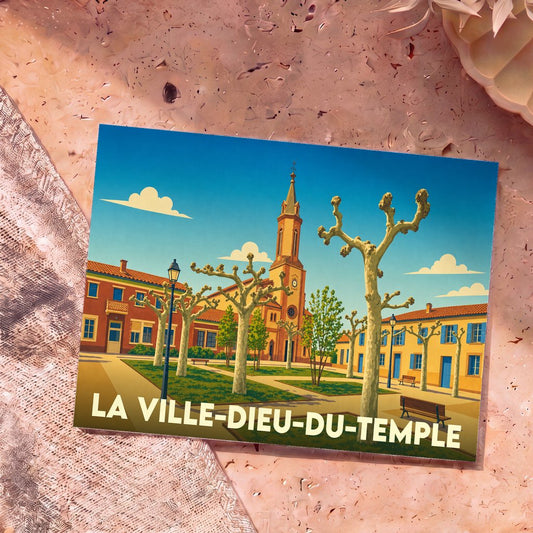 Carte postale souvenir de La Ville-Dieu-du-Temple avec une illustration stylisée de sa place principale et de son église.