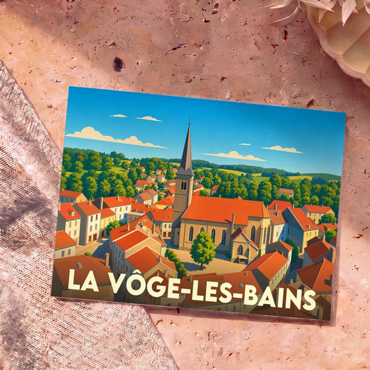 Carte postale souvenir de la ville de La Vôge-les-Bains avec une illustration stylisée du village et de son église.