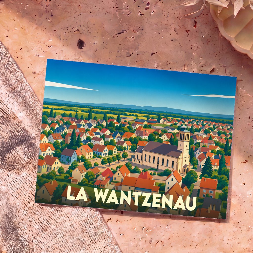 Carte postale souvenir de la ville de La Wantzenau avec une illustration stylisée.
