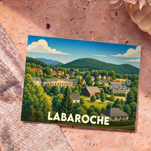 Carte postale souvenir de la ville de Labaroche avec une illustration stylisée de ses paysages verdoyants.