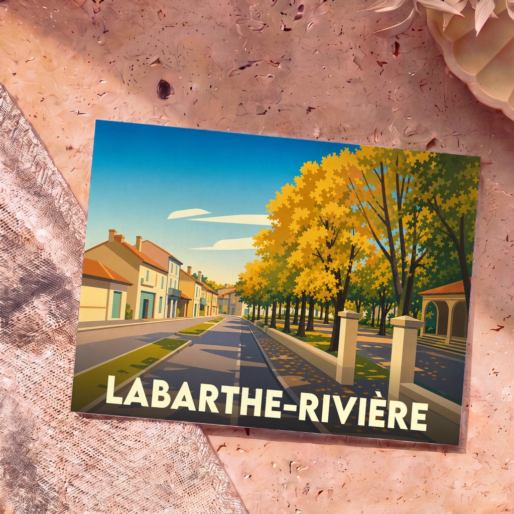 Carte postale souvenir de la ville de Labarthe-Rivière avec une illustration stylisée d'une rue bordée d'arbres en automne.