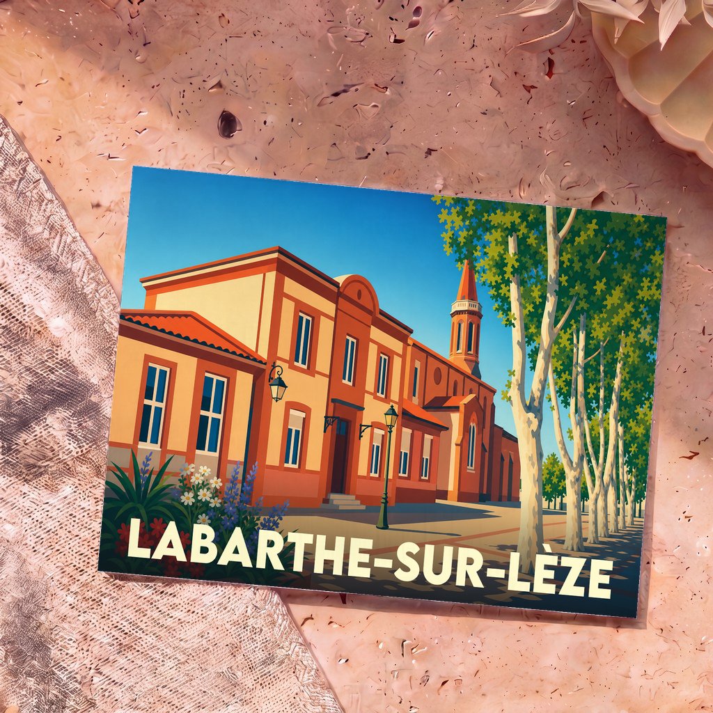 Carte postale souvenir de la ville de Labarthe-sur-Lèze avec une illustration stylisée de ses bâtiments et d'une allée d'arbres.