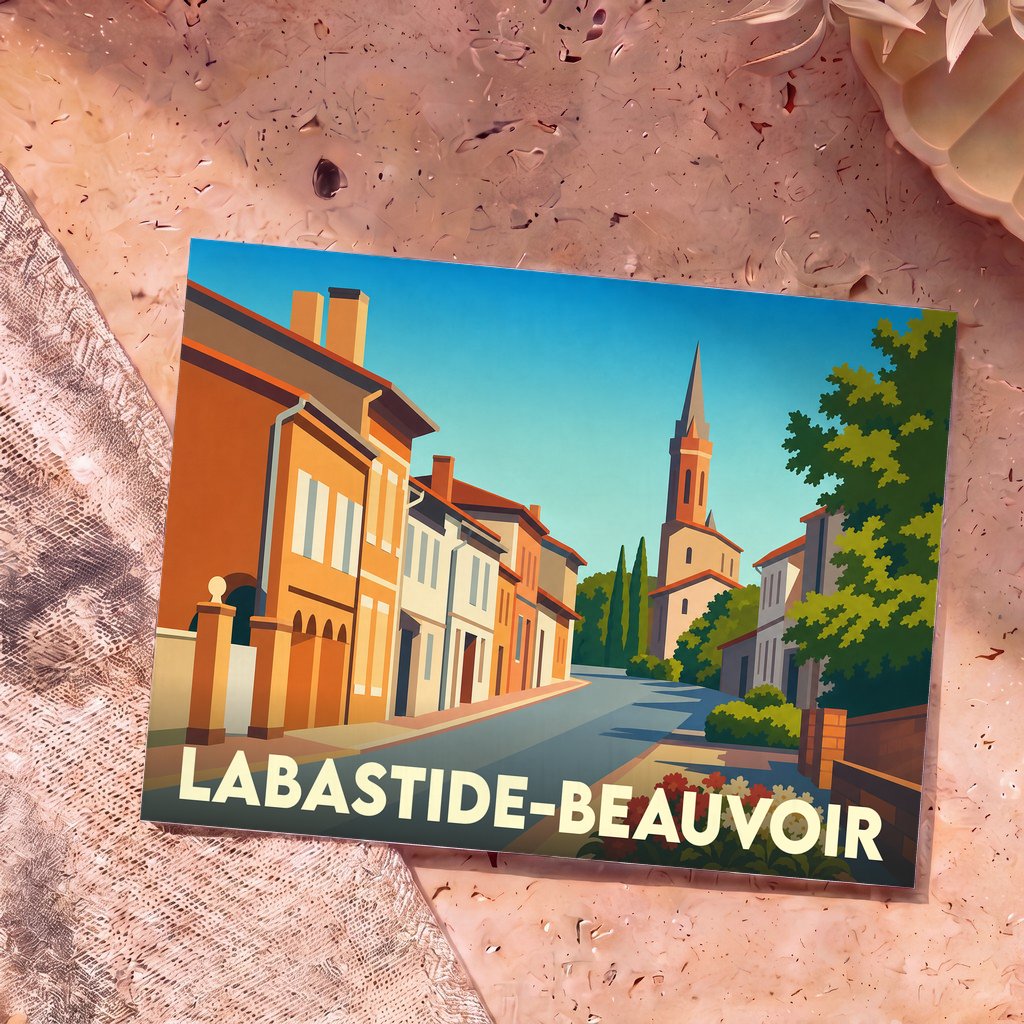Carte postale souvenir de la ville de Labastide-Beauvoir avec une illustration stylisée et colorée.