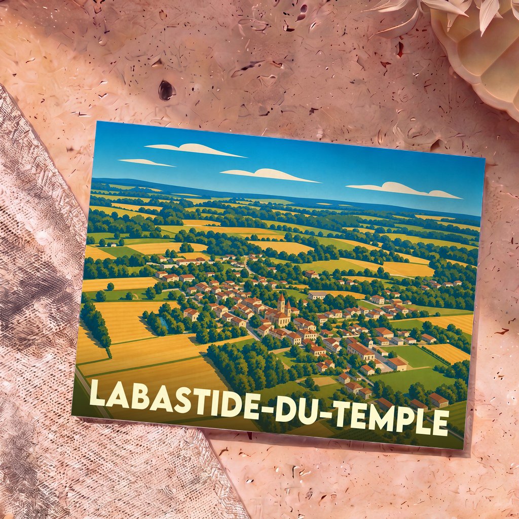 Carte postale souvenir de la ville de Labastide-du-Temple avec une illustration panoramique stylisée.