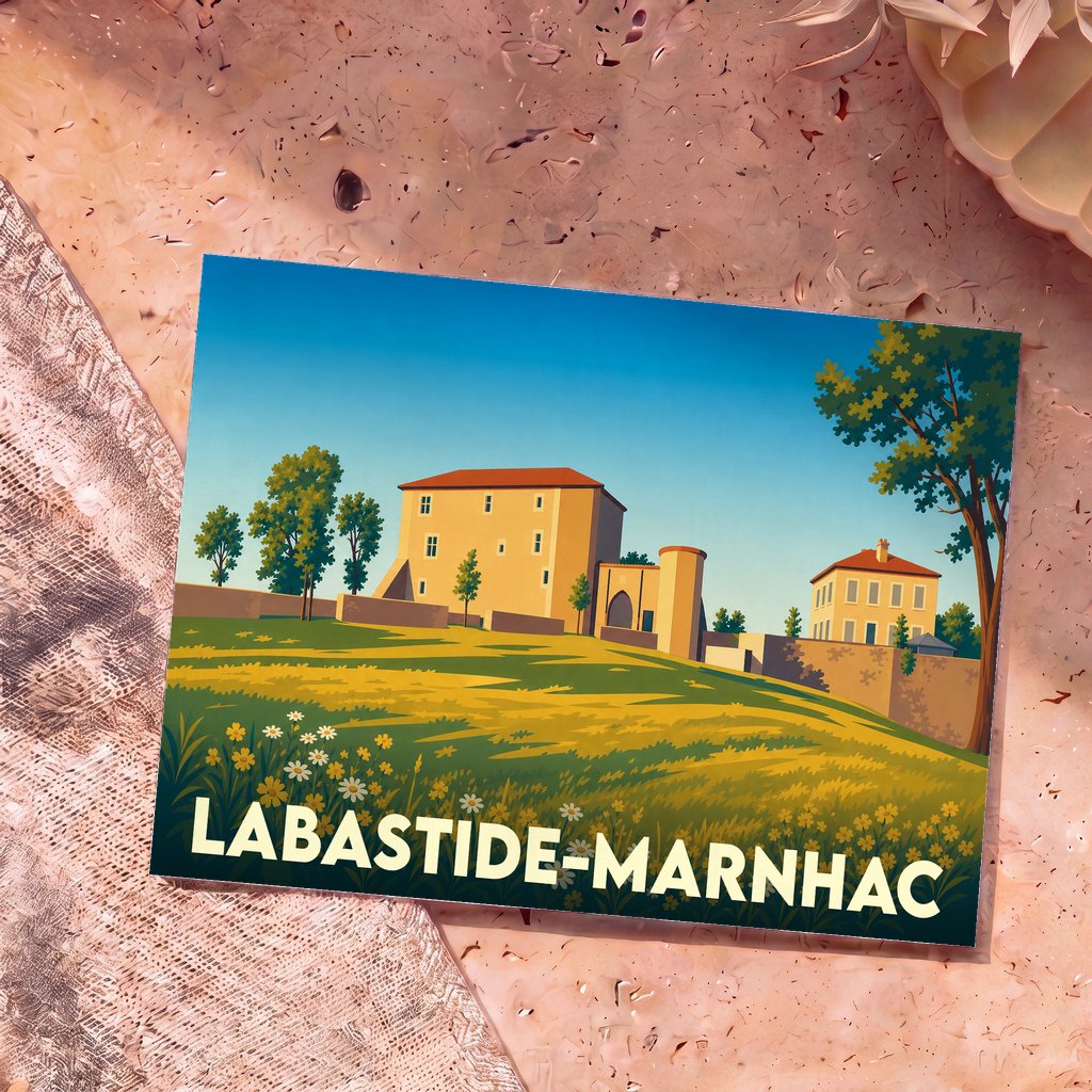 Carte postale souvenir de Labastide-Marnhac avec une illustration stylisée et colorée de la commune.