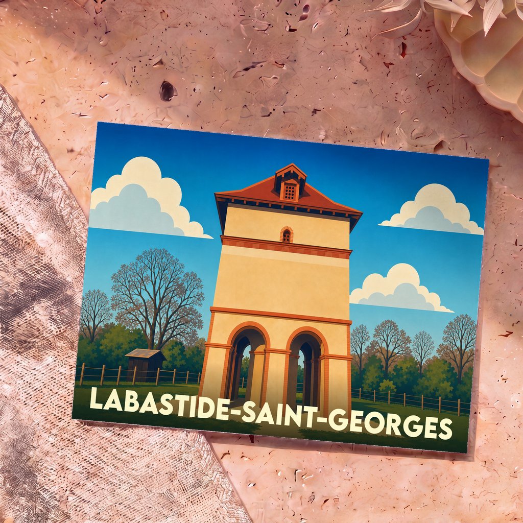 Carte postale souvenir de la ville de Labastide-Saint-Georges avec une illustration stylisée de son pigeonnier emblématique.