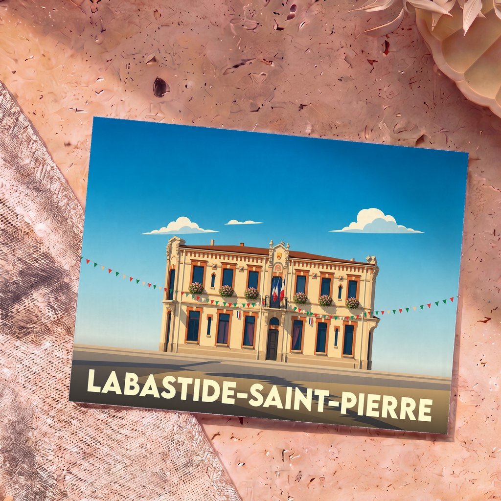 Carte postale souvenir de la ville de Labastide-Saint-Pierre avec une illustration stylisée de son hôtel de ville.