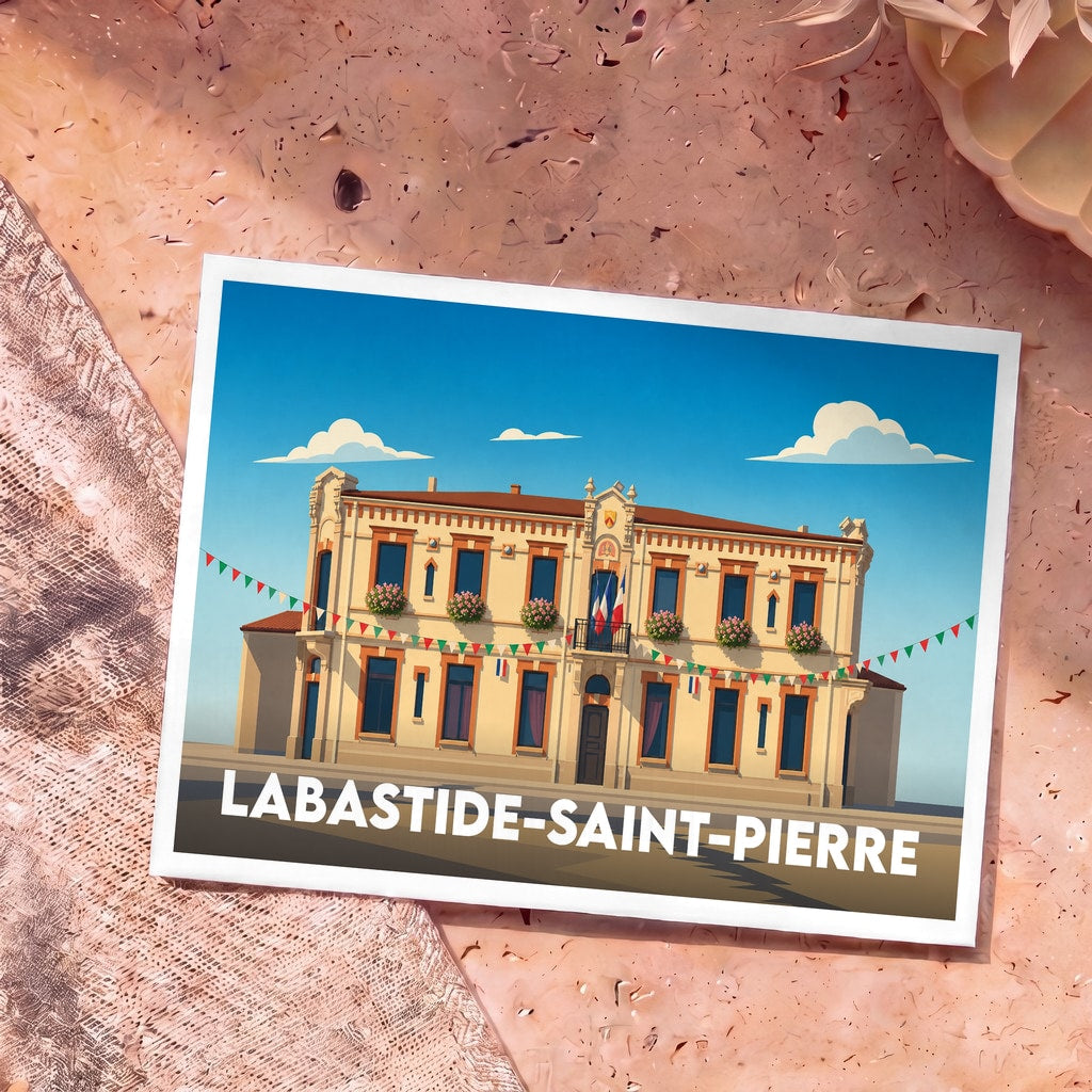 Carte postale souvenir de la ville de Labastide-Saint-Pierre avec une illustration stylisée de sa mairie.