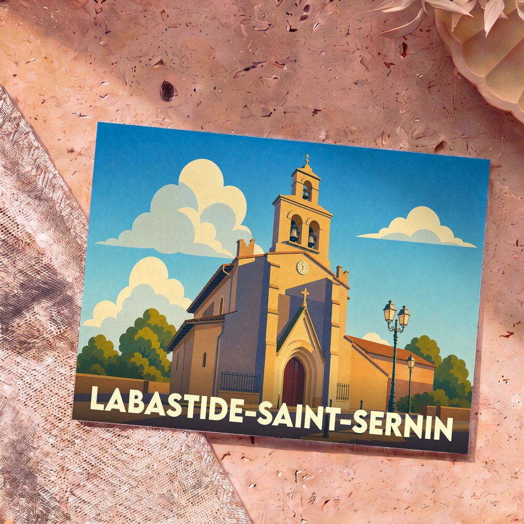 Carte postale souvenir de la ville de Labastide-Saint-Sernin avec une illustration stylisée de son église.