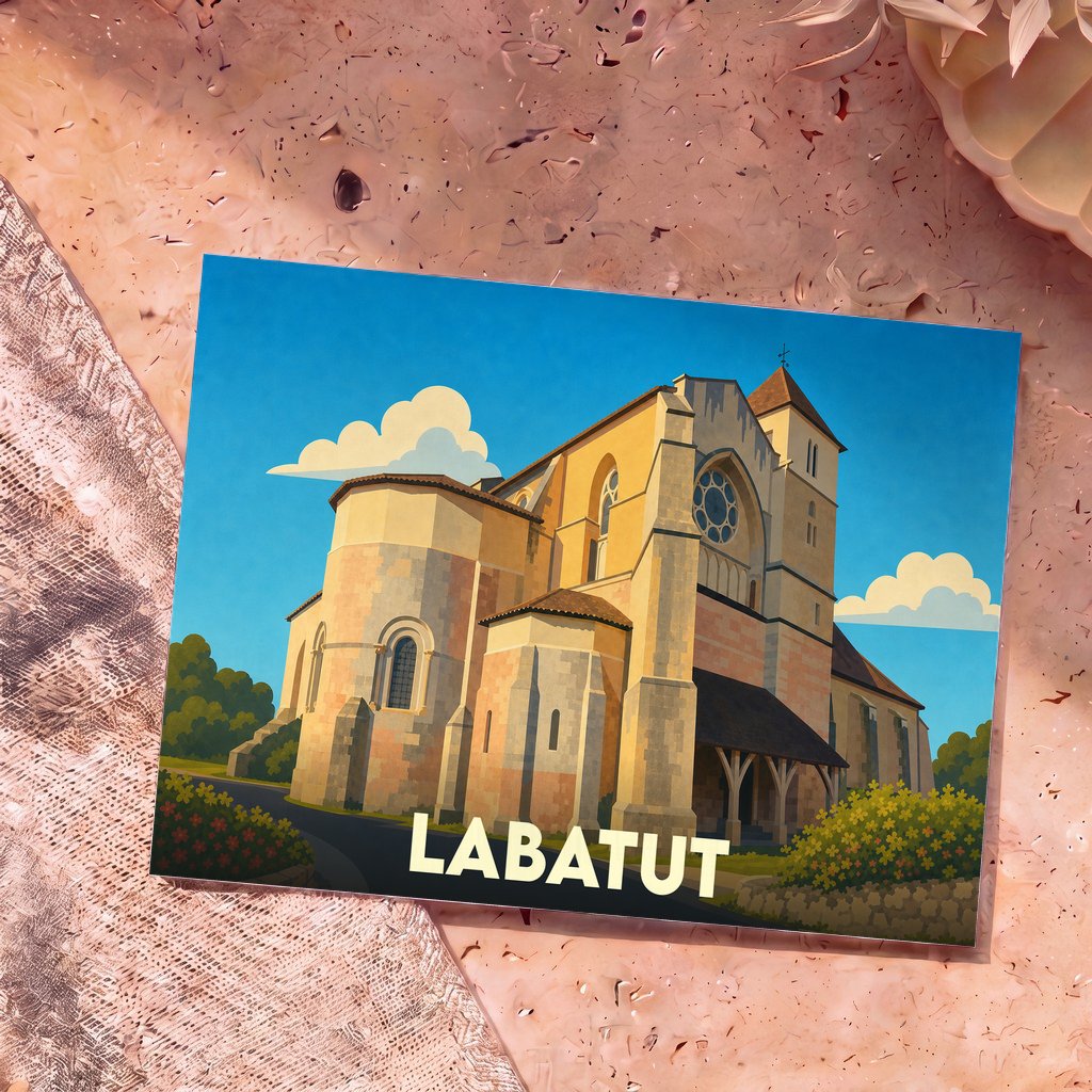 Carte postale souvenir de la ville de Labatut représentant une illustration stylisée de son église sous un ciel bleu.