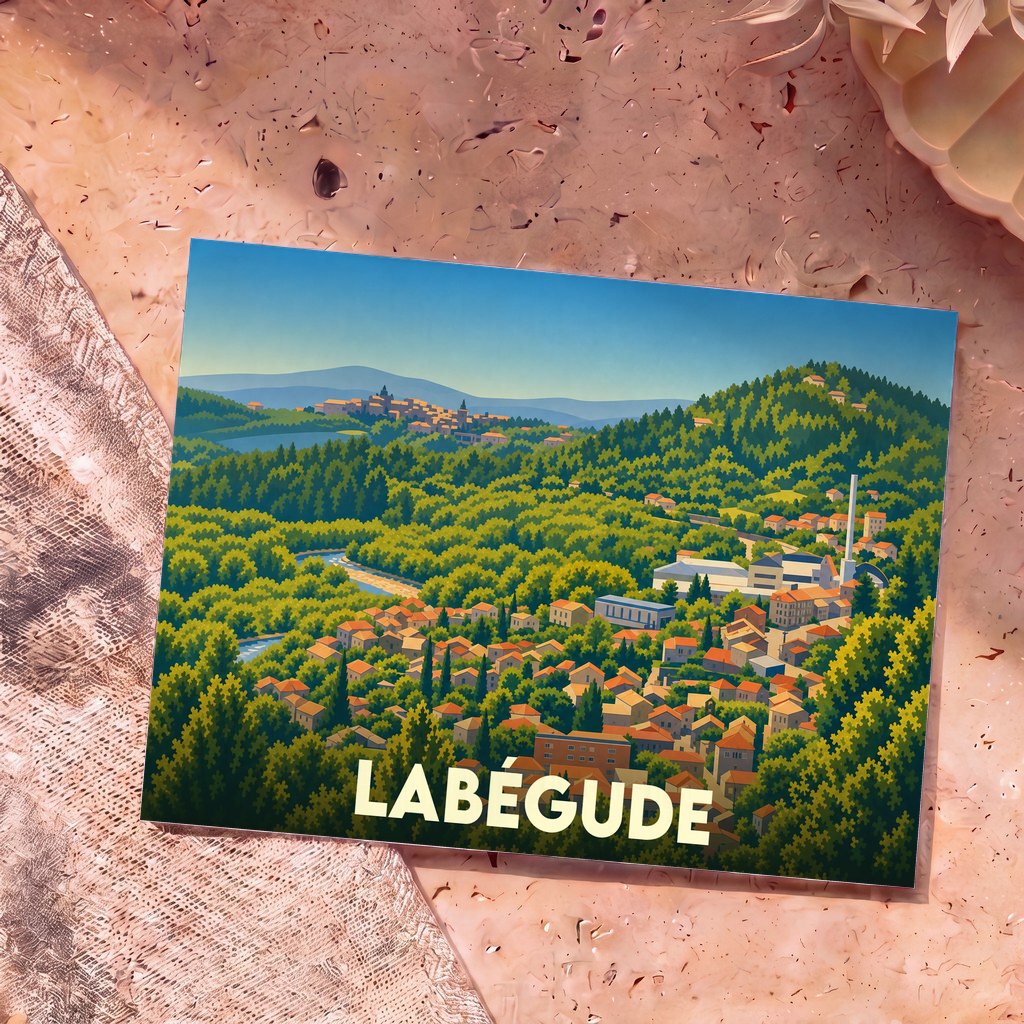 Carte postale souvenir de la ville de Labégude avec une illustration stylisée et colorée de ses paysages.