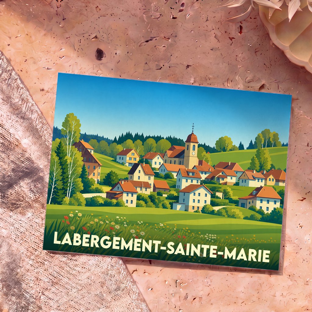Carte postale souvenir de la ville de Labergement-Sainte-Marie avec une illustration stylisée d'un village de campagne.