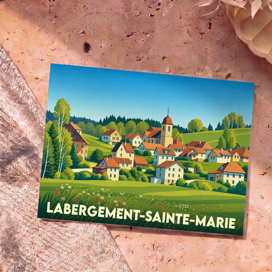 Carte postale souvenir de la ville de Labergement-Sainte-Marie avec une illustration stylisée d'un village de campagne.