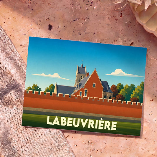 Carte postale souvenir de la ville de Labeuvrière avec une illustration stylisée.