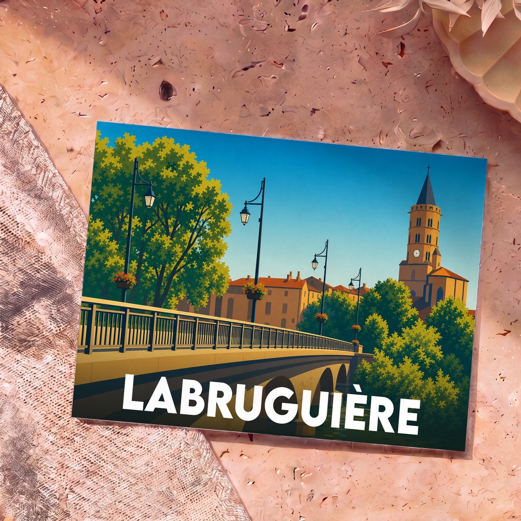 Carte postale souvenir de la ville de Labruguière avec une illustration stylisée d'un pont et de son église.