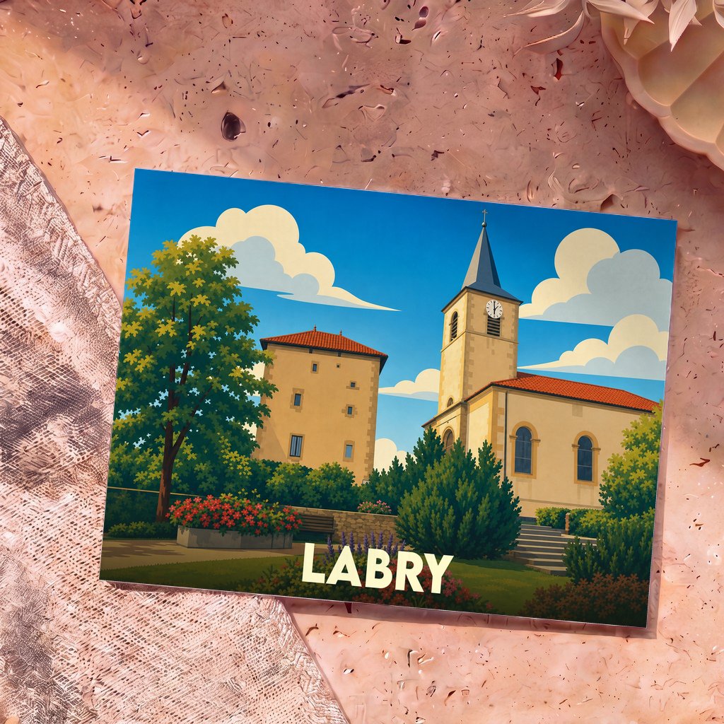 Carte postale souvenir de la ville de Labry illustrant son église et sa tour médiévale dans un style graphique épuré.