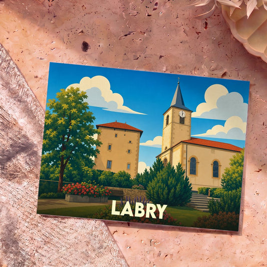 Carte postale souvenir de la ville de Labry illustrant son église et sa tour médiévale dans un style graphique épuré.