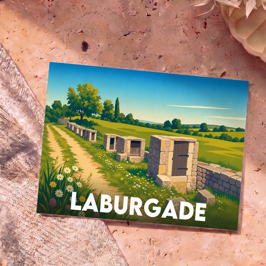Carte postale souvenir de la ville de Laburgade avec une illustration stylisée d'un paysage champêtre.
