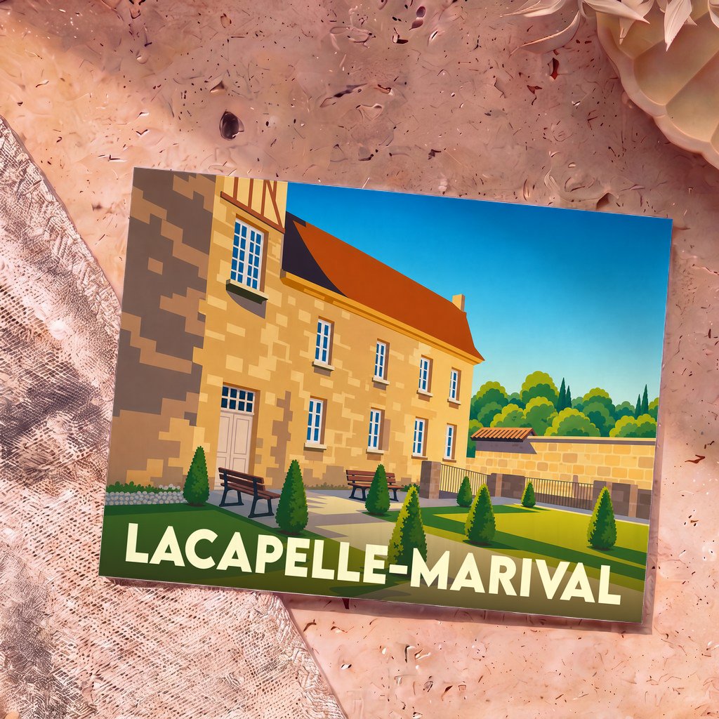 Carte postale souvenir de la ville de Lacapelle-Marival avec une illustration stylisée de son patrimoine architectural.