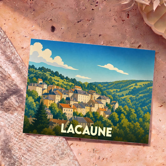 Carte postale souvenir de la ville de Lacaune avec une illustration stylisée de son village vallonné.