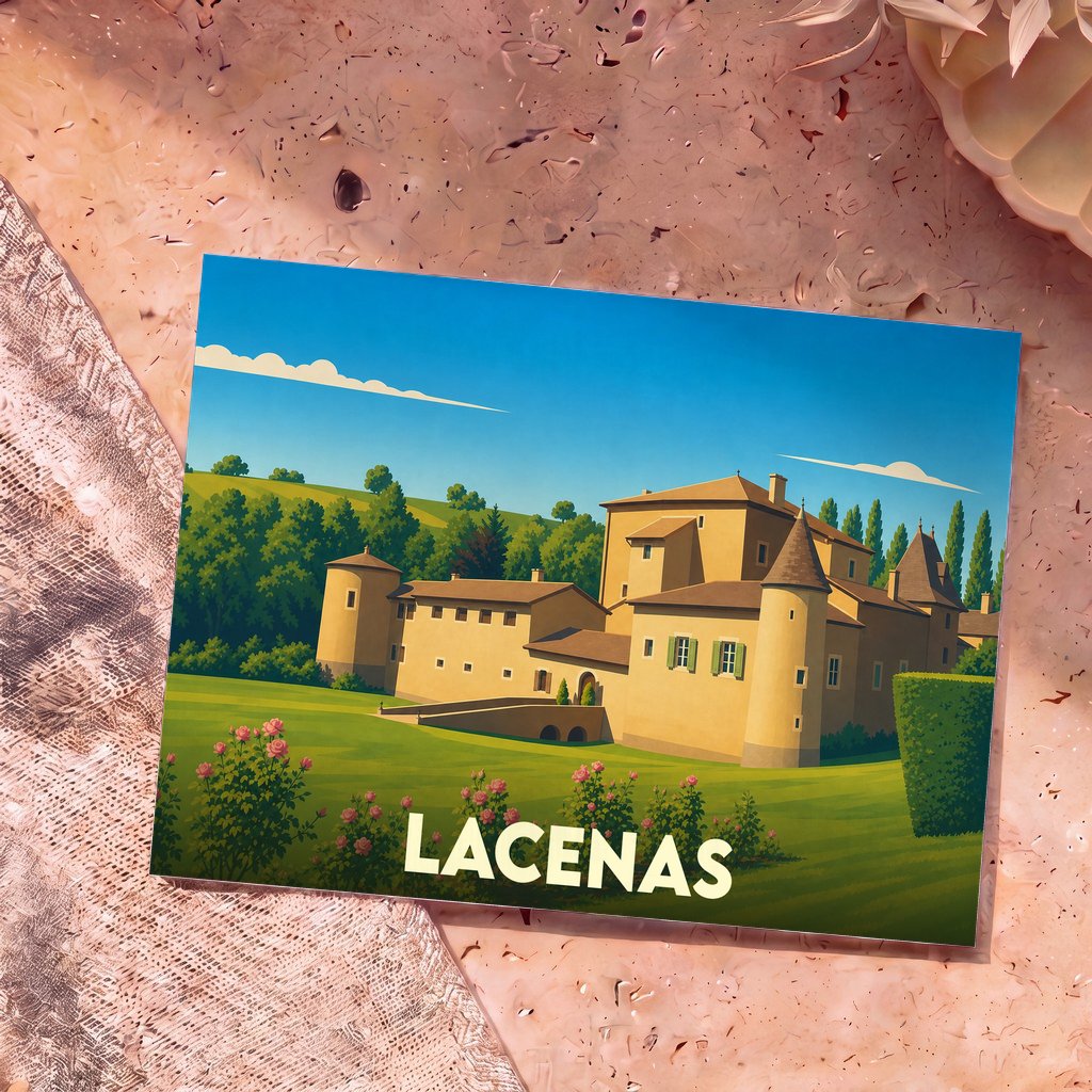 Carte postale souvenir de la ville de Lacenas illustrant un château entouré de verdure dans un style graphique épuré.