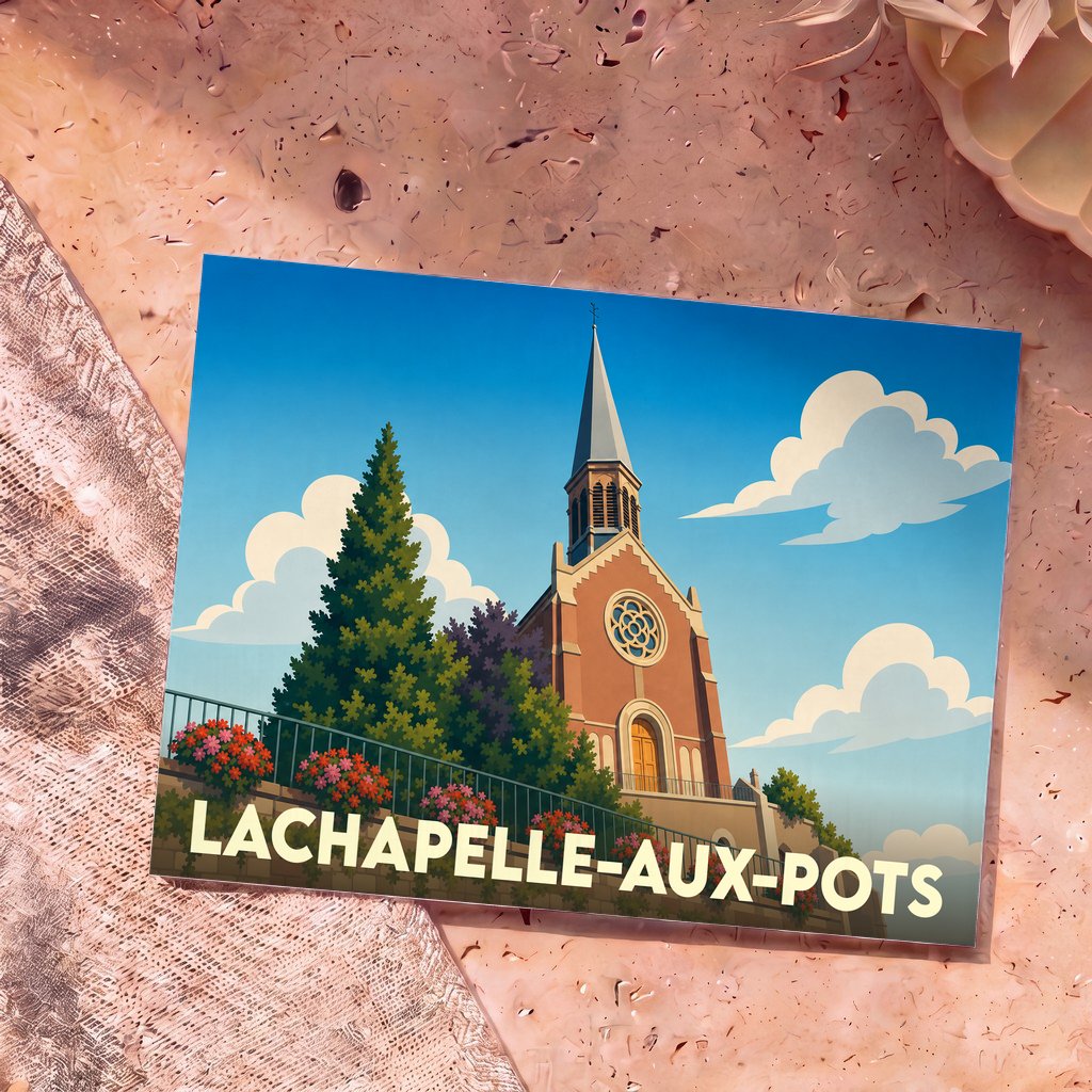 Carte postale souvenir de Lachapelle-aux-Pots avec une illustration stylisée de son église sous un ciel bleu.