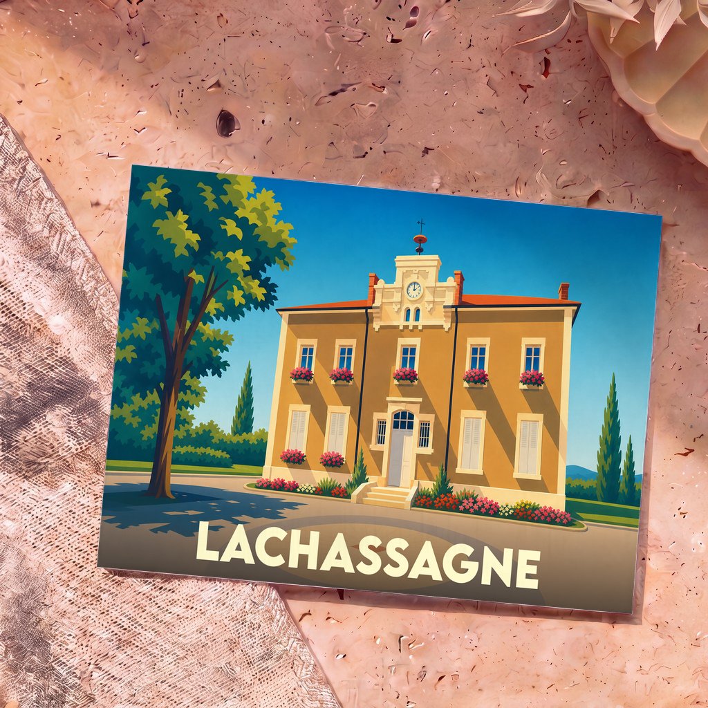 Carte postale souvenir de la ville de Lachassagne avec une illustration stylisée de sa mairie.