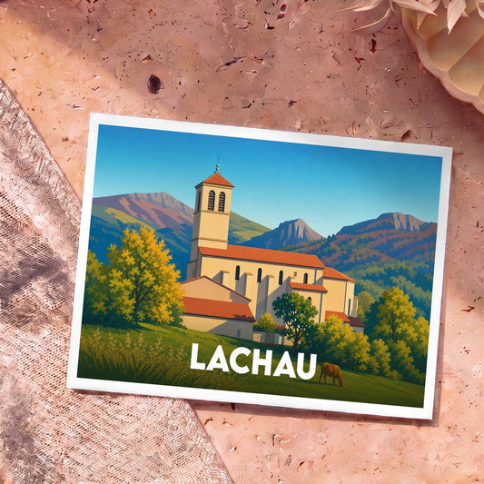 Carte postale souvenir de la ville de Lachau présentant une illustration stylisée d'une église nichée dans un paysage de montagne.