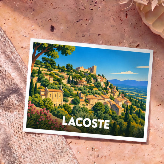 Carte postale souvenir de la ville de Lacoste avec une illustration stylisée de son village perché et de son château.