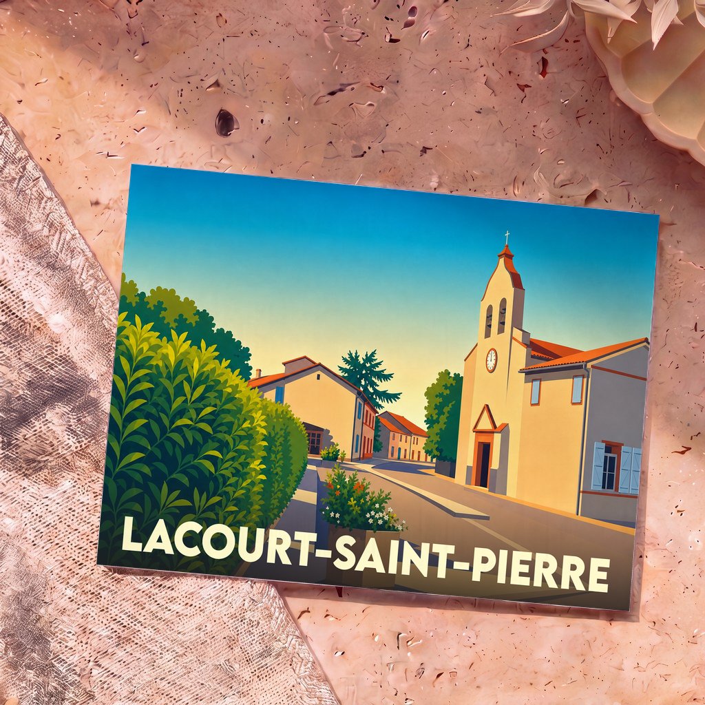 Carte postale souvenir de la ville de Lacourt-Saint-Pierre avec une illustration stylisée et colorée de son église.