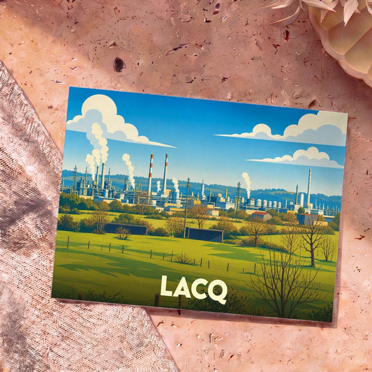 Carte postale souvenir de la ville de Lacq avec une illustration stylisée de son complexe industriel dans un paysage verdoyant.
