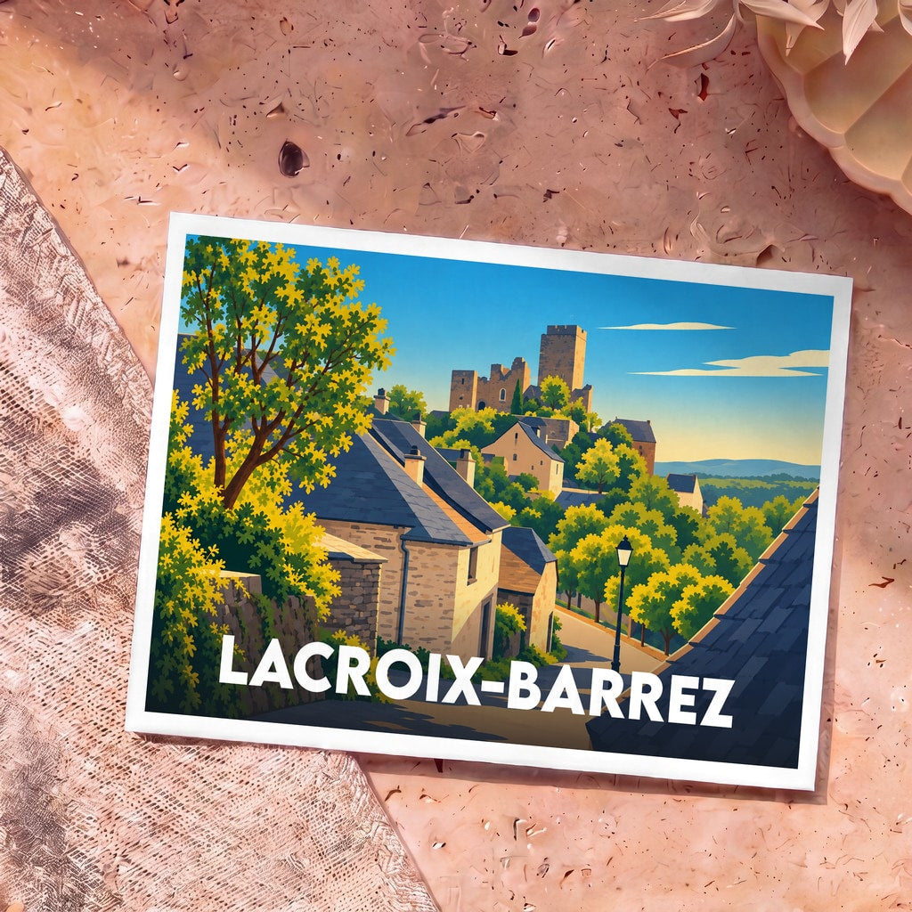 Carte postale souvenir de la ville de Lacroix-Barrez avec une illustration stylisée de son village et de son château.