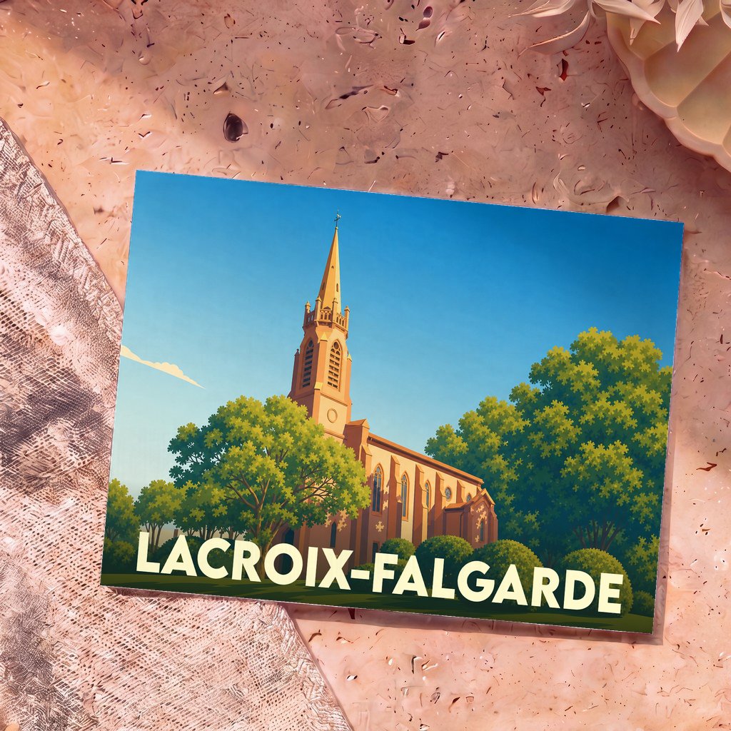 Carte postale souvenir de la ville de Lacroix-Falgarde avec une illustration stylisée d'une église et de son clocher entourés d'arbres.