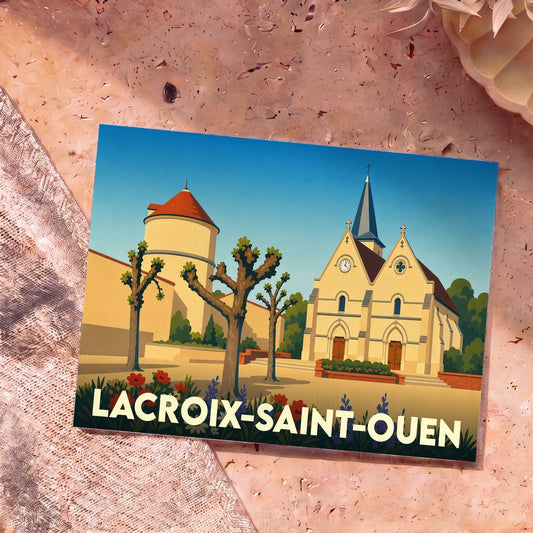 Carte postale souvenir de Lacroix-Saint-Ouen illustrant l'église et le château dans un style graphique épuré.
