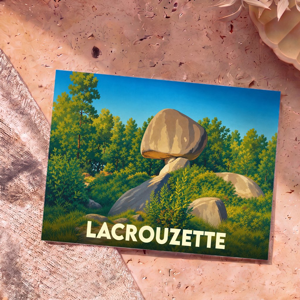 Carte postale souvenir de la ville de Lacrouzette illustrant le célèbre rocher de la Peyro Clabado dans un style graphique coloré.