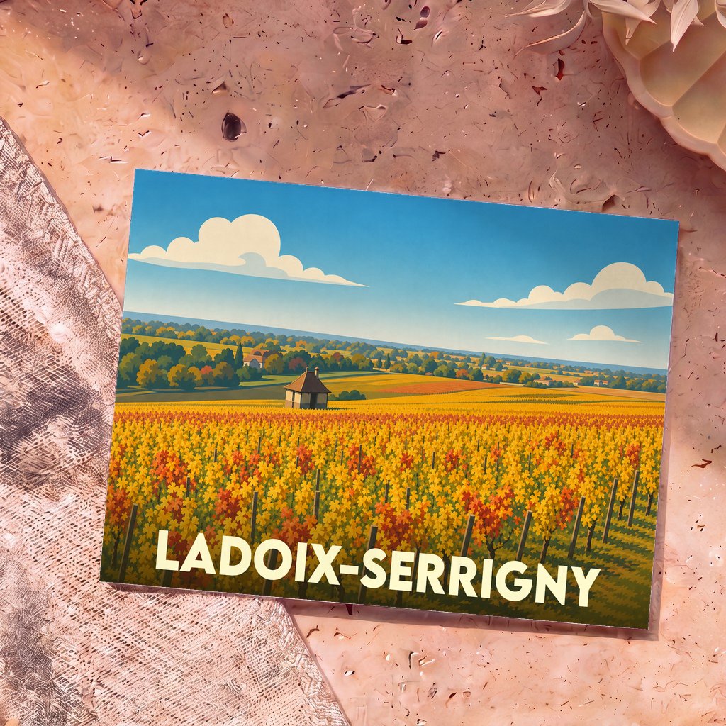 Carte postale souvenir de la ville de Ladoix-Serrigny avec une illustration stylisée de vignobles en automne.