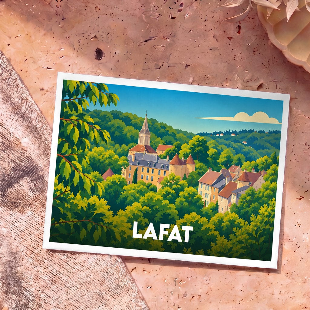 Carte postale souvenir de la ville de Lafat illustrant son château et ses habitations nichés dans une forêt verdoyante.